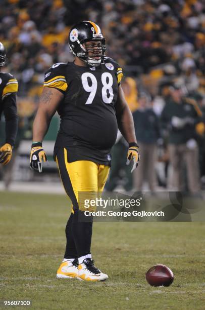 Defensive lineman Casey Hampton of Pittsburgh Steelers looks on from the field during a game against the Green Bay Packers at Heinz Field on December...