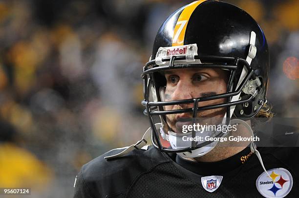 Quarterback Ben Roethlisberger of the Pittsburgh Steelers looks on from the sideline during a game against the Green Bay Packers at Heinz Field on...