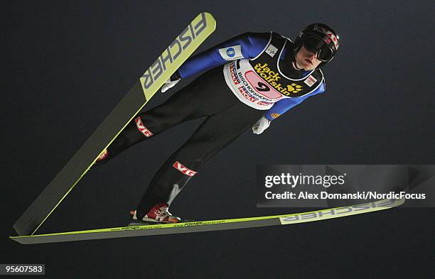 Anders Jacobsen of Norway competes during the FIS Ski Jumping World Cup event at the 58th Four Hills Ski Jumping Tournament on January 06, 2010 in...