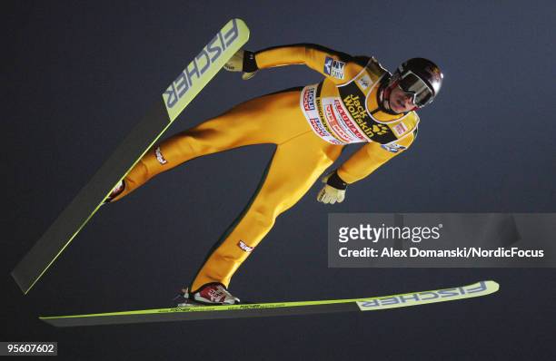 Gregor Schlierenzauer of Austria competes during the FIS Ski Jumping World Cup event at the 58th Four Hills Ski Jumping Tournament on January 06,...