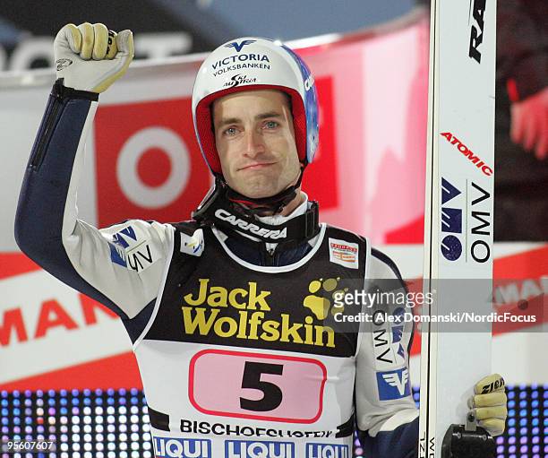Wolfgang Loitzl of Austria celebrates after the final jump during the FIS Ski Jumping World Cup event at the 58th Four Hills Ski Jumping Tournament...