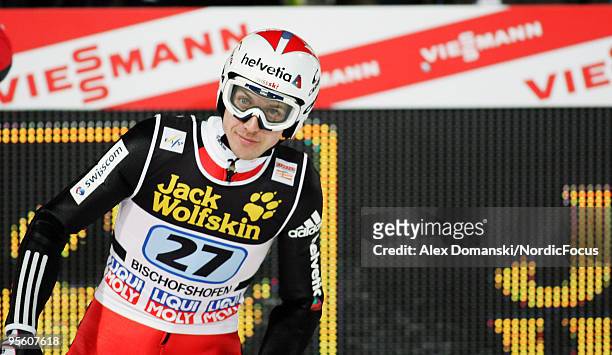 Simon Ammann of Switzerland competes during the FIS Ski Jumping World Cup event at the 58th Four Hills Ski Jumping Tournament on January 06, 2010 in...