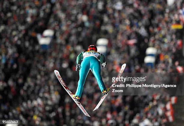 Janne Ahonen of Finland takes 2nd place during for the FIS Ski Jumping World Cup event at the 58th Four Hills ski jumping tournament on January 6,...