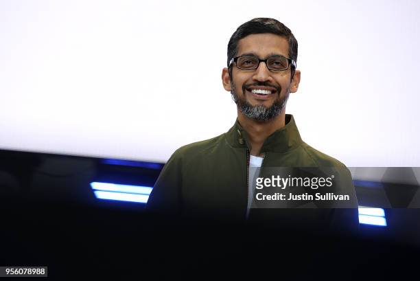 Google CEO Sundar Pichai delivers the keynote address at the Google I/O 2018 Conference at Shoreline Amphitheater on May 8, 2018 in Mountain View,...