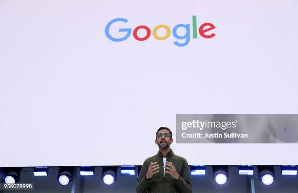 Google CEO Sundar Pichai delivers the keynote address at the Google I/O 2018 Conference at Shoreline Amphitheater on May 8, 2018 in Mountain View,...