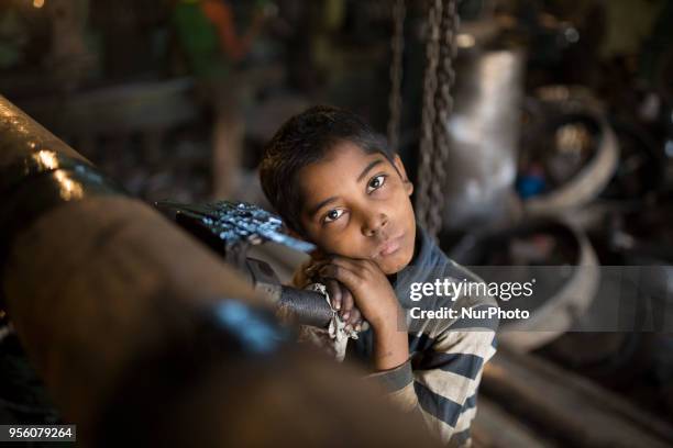 Children working in ship propeller making factory in Dhaka, Banhladesh on May 08, 2018. In a new report by Overseas Development Institute, found that...