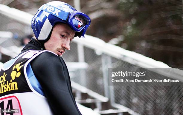 Adam Malysz of Poland looks on during the FIS Ski Jumping World Cup event at the 58th Four Hills Ski Jumping Tournament on January 06, 2010 in...