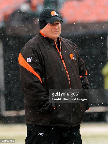 Head coach Eric Mangini of the Cleveland Browns watches pregame drills prior to a game on January 3, 2010 against the Jacksonville Jaguars at...