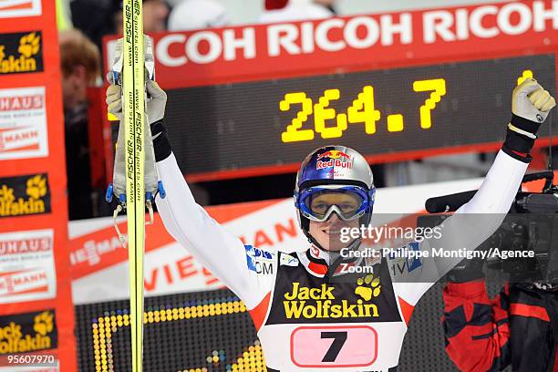 Thomas Morgenstern of Austria takes 1st place during for the FIS Ski Jumping World Cup event at the 58th Four Hills ski jumping tournament on January...