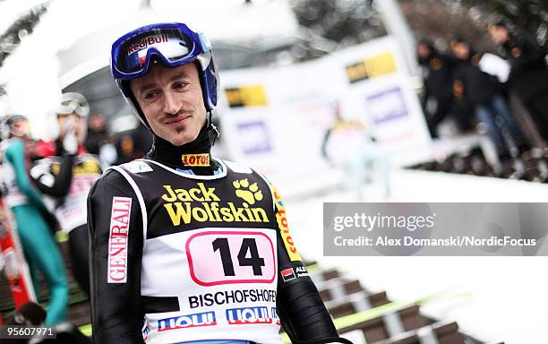 Adam Malysz of Poland looks on during the FIS Ski Jumping World Cup event at the 58th Four Hills Ski Jumping Tournament on January 06, 2010 in...