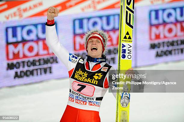 Thomas Morgenstern of Austria takes 1st place during for the FIS Ski Jumping World Cup event at the 58th Four Hills ski jumping tournament on January...