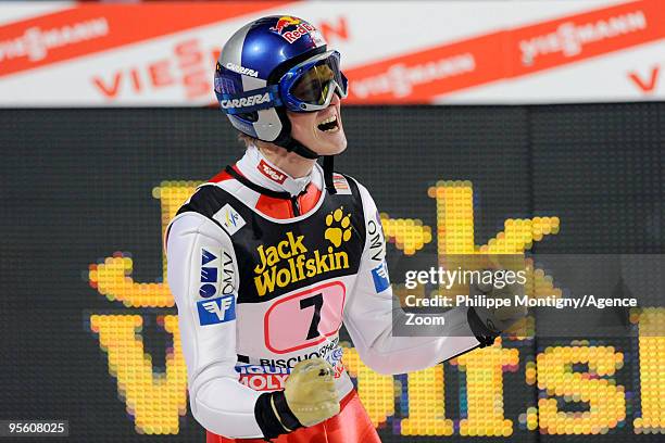 Thomas Morgenstern of Austria takes 1st place during for the FIS Ski Jumping World Cup event at the 58th Four Hills ski jumping tournament on January...