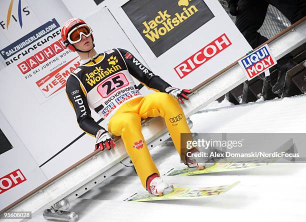 Pascal Bodmer of Germany competes during the FIS Ski Jumping World Cup event at the 58th Four Hills Ski Jumping Tournament on January 06, 2010 in...