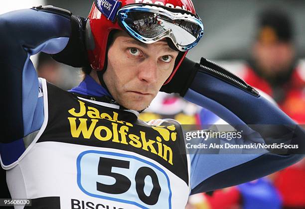 Janne Ahonen of Finland looks on during the FIS Ski Jumping World Cup event at the 58th Four Hills Ski Jumping Tournament on January 06, 2010 in...