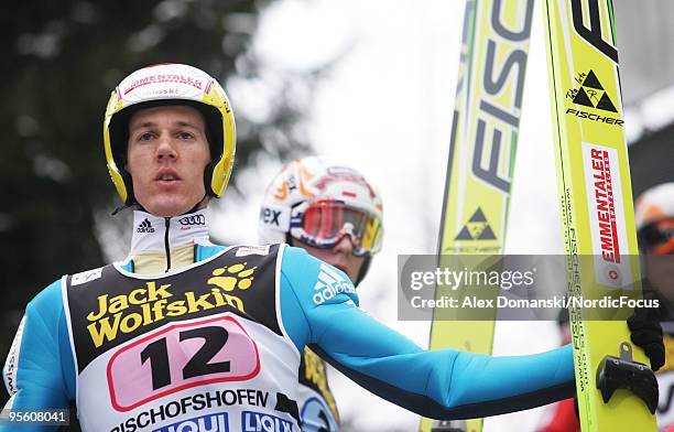 Andreas Kuettel of Austria looks on during the FIS Ski Jumping World Cup event at the 58th Four Hills Ski Jumping Tournament on January 06, 2010 in...