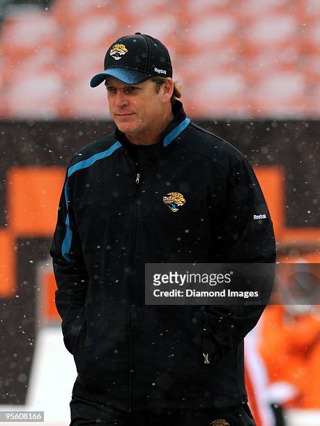 Head coach Jack Del Rio of the Jacksonville Jaguars looks towards the sideline prior to a game on January 3, 2010 against the Cleveland Browns at...