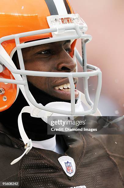 Wide receiver Mohamed Massaquoi of the Cleveland Browns smiles prior to a game on January 3, 2010 against the Jacksonville Jaguars at Cleveland...