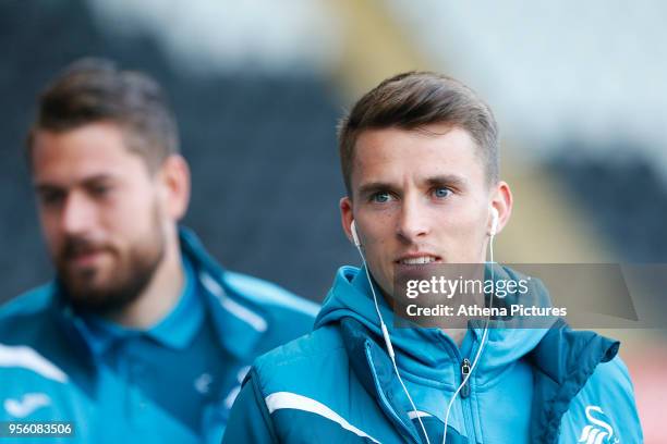 Tom Carroll of Swansea City arrives at Liberty Stadium prior to kick off of the Premier League match between Swansea City and Southampton at Liberty...