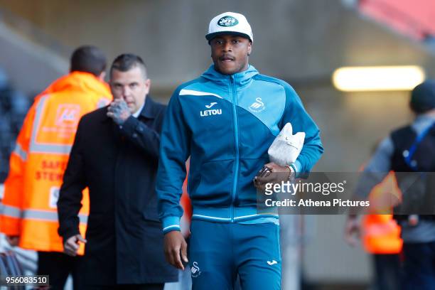 Andre Ayew of Swansea City arrives at Liberty Stadium prior to kick off of the Premier League match between Swansea City and Southampton at Liberty...