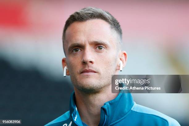 Andy King of Swansea City prior to kick off of the Premier League match between Swansea City and Southampton at Liberty Stadium on May 08, 2018 in...