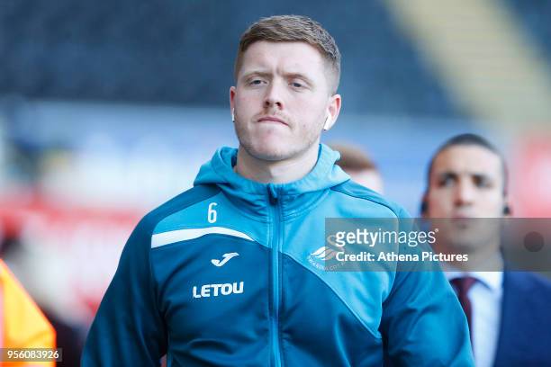 Alfie Mawson of Swansea City prior to kick off of the Premier League match between Swansea City and Southampton at Liberty Stadium on May 08, 2018 in...