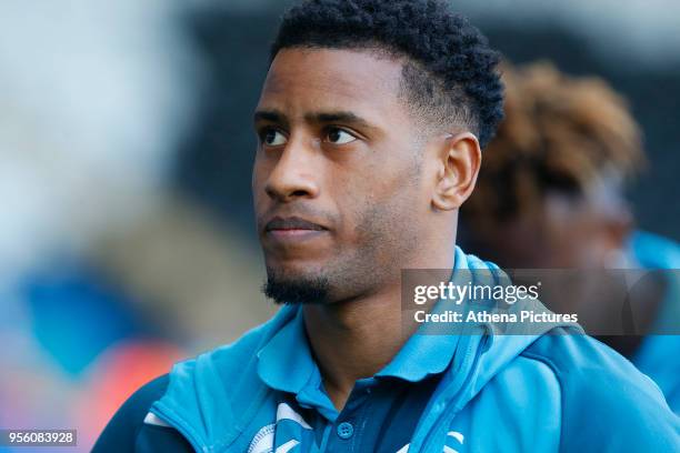 Luciano Narsingh of Swansea City arrives at Liberty Stadium prior to kick off of the Premier League match between Swansea City and Southampton at...