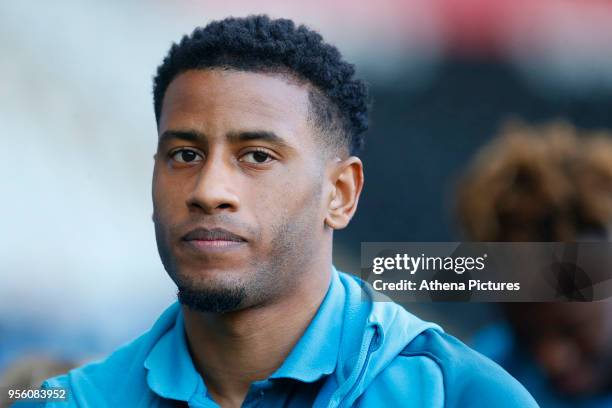 Luciano Narsingh of Swansea City arrives at Liberty Stadium prior to kick off of the Premier League match between Swansea City and Southampton at...