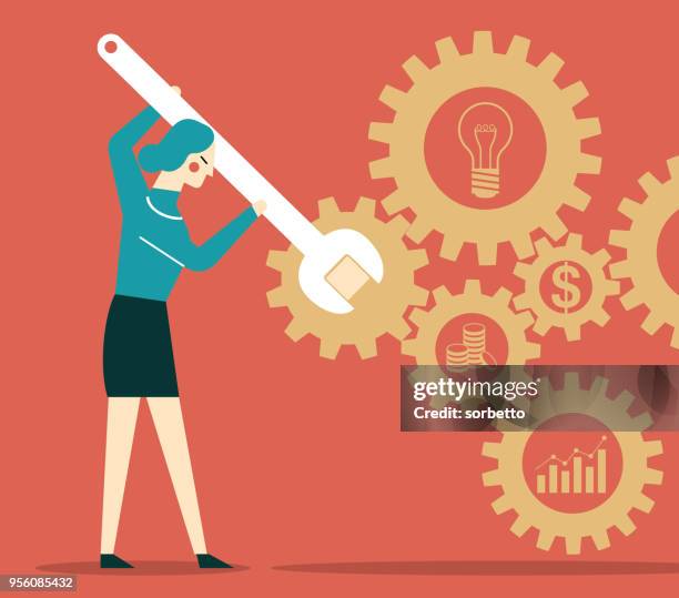 businesswoman with wrench and cogs - engine repair stock illustrations