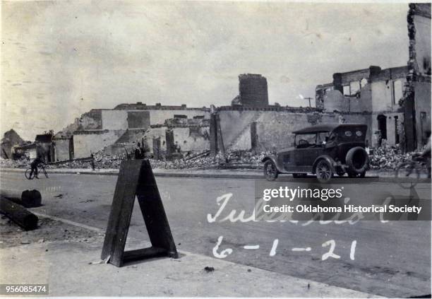 Photograph of burned buildings after the Tulsa Race Massacre, Tulsa, Oklahoma, June 1921.