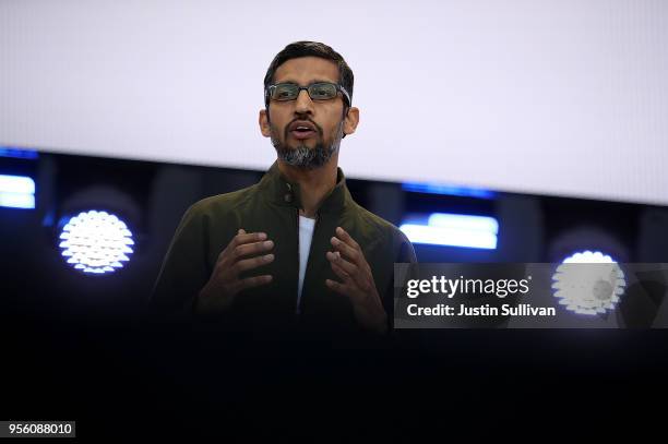 Google CEO Sundar Pichai delivers the keynote address at the Google I/O 2018 Conference at Shoreline Amphitheater on May 8, 2018 in Mountain View,...