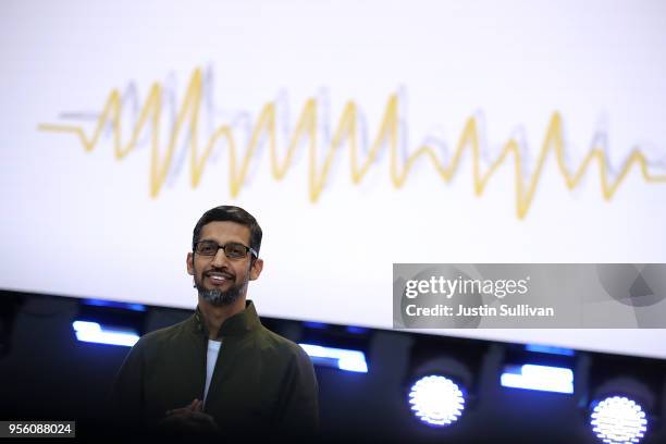 Google CEO Sundar Pichai delivers the keynote address at the Google I/O 2018 Conference at Shoreline Amphitheater on May 8, 2018 in Mountain View,...