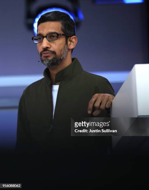 Google CEO Sundar Pichai delivers the keynote address at the Google I/O 2018 Conference at Shoreline Amphitheater on May 8, 2018 in Mountain View,...