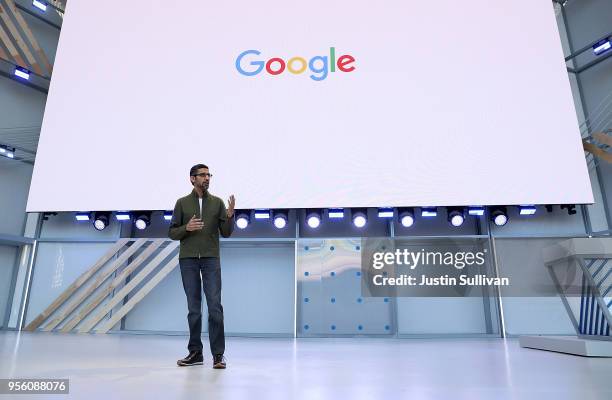 Google CEO Sundar Pichai delivers the keynote address at the Google I/O 2018 Conference at Shoreline Amphitheater on May 8, 2018 in Mountain View,...