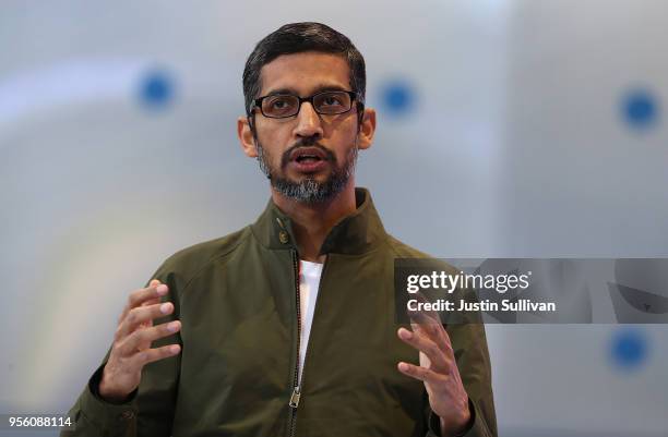 Google CEO Sundar Pichai delivers the keynote address at the Google I/O 2018 Conference at Shoreline Amphitheater on May 8, 2018 in Mountain View,...