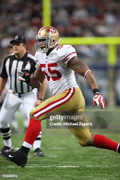 Ahmad Brooks of the San Francisco 49ers rushes during the NFL game against the St. Louis Rams at Edward Jones Dome on January 3, 2010 in St. Louis,...