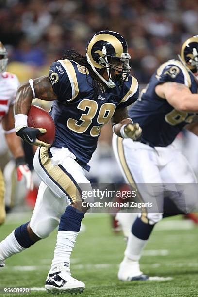 Steven Jackson of the St. Louis Rams runs the ball during the NFL game against the San Francisco 49ers at Edward Jones Dome on January 3, 2010 in St....