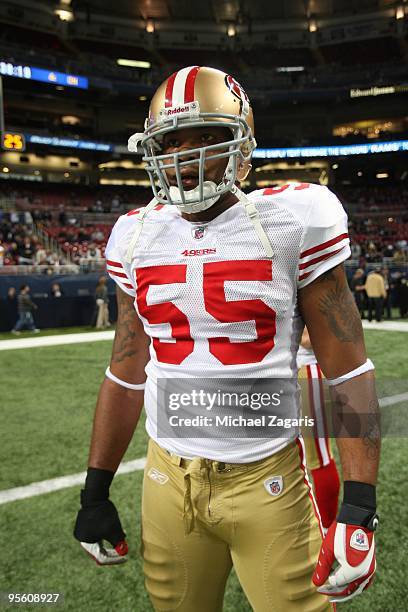 Ahmad Brooks of the San Francisco 49ers on the field prior to the NFL game against the St. Louis Rams at Edward Jones Dome on January 3, 2010 in St....