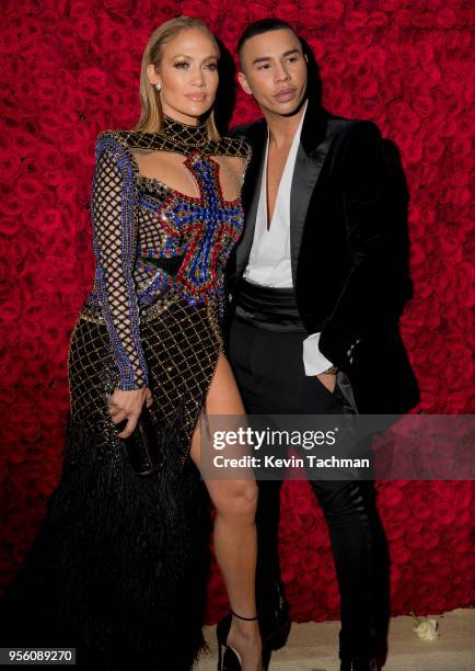 Jennifer Lopez and Olivier Rousteing attend the Heavenly Bodies: Fashion & The Catholic Imagination Costume Institute Gala at The Metropolitan Museum...