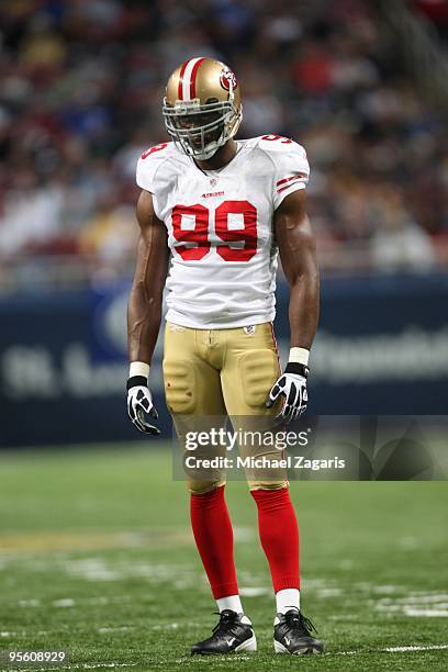 Manny Lawson of the San Francisco 49ers during the NFL game against the St. Louis Rams at Edward Jones Dome on January 3, 2010 in St. Louis,...