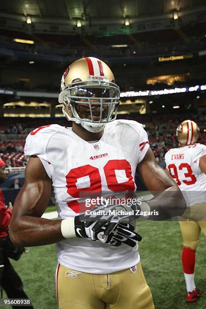 Manny Lawson of the San Francisco 49ers on the field prior to the NFL game against the St. Louis Rams at Edward Jones Dome on January 3, 2010 in St....