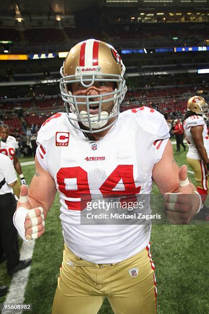 Justin Smith of the San Francisco 49ers on the field prior to the NFL game against the St. Louis Rams at Edward Jones Dome on January 3, 2010 in St....