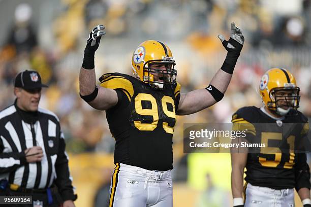 Brett Keisel of the Pittsburgh Steelers gestures during the game against the Baltimore Ravens on December 27, 2009 at Heinz Field in Pittsburgh,...