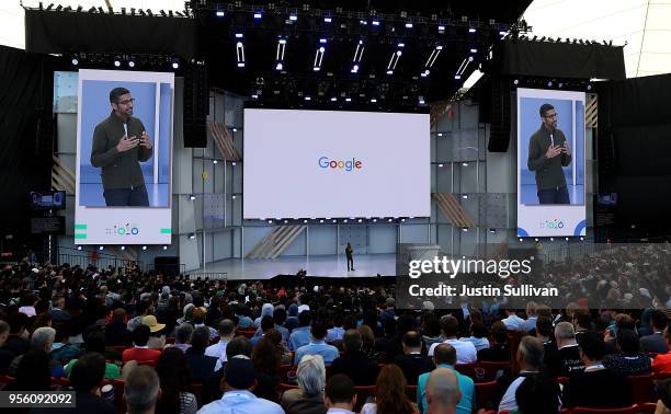 Google CEO Sundar Pichai delivers the keynote address at the Google I/O 2018 Conference at Shoreline Amphitheater on May 8, 2018 in Mountain View,...