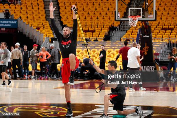 Jonas Valanciunas of the Toronto Raptors stretches before Game Four of the Eastern Conference Semifinals of the 2018 NBA Playoffs on May 7, 2018 at...