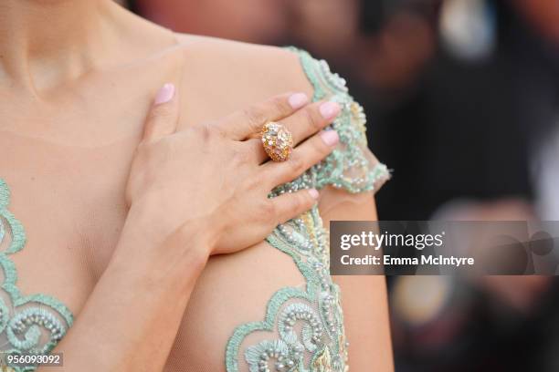 Victoria Bonya, jewels detail, attends the screening of "Everybody Knows " and the opening gala during the 71st annual Cannes Film Festival at Palais...