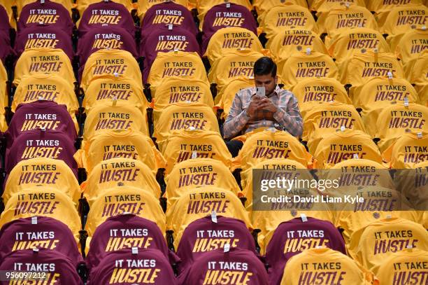 Shirts are laid out for Cleveland Cavaliers fans before the game against the Toronto Raptors in Game Four of the Eastern Conference Semifinals during...