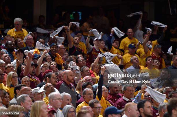 Cleveland Cavaliers fans cheer during the game against the Toronto Raptors in Game Four of the Eastern Conference Semifinals during the 2018 NBA...