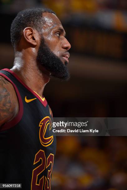 LeBron James of the Cleveland Cavaliers looks on during the game against the Toronto Raptors in Game Four of the Eastern Conference Semifinals during...