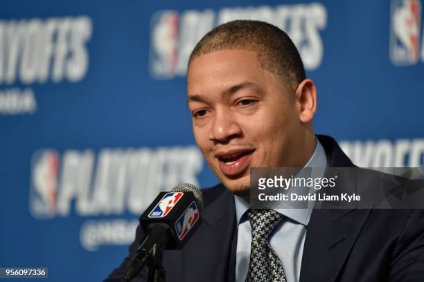 Head Coach Tyronn Lue of the Cleveland Cavaliers speaks with the media during a press conference after the game against the Toronto Raptors in Game...