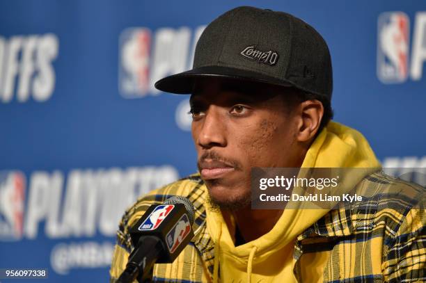 DeMar DeRozan of the Toronto Raptors speaks with the media after the game against the Cleveland Cavaliers in Game Four of the Eastern Conference...